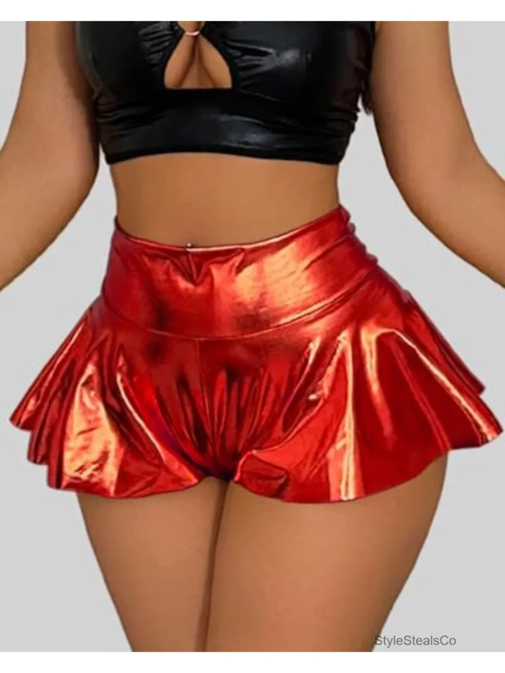 Faux Leather High Waisted Skort Ruched Ruffle Hem Mini Pleather Convertible